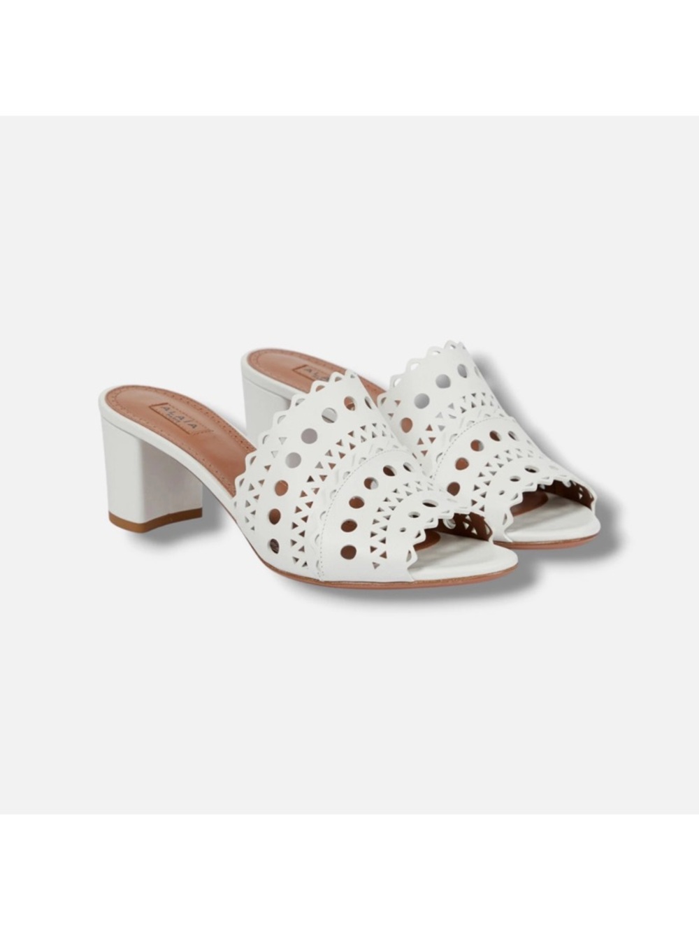 Alaia White Laser-Cut Scalloped Block Heel Mules